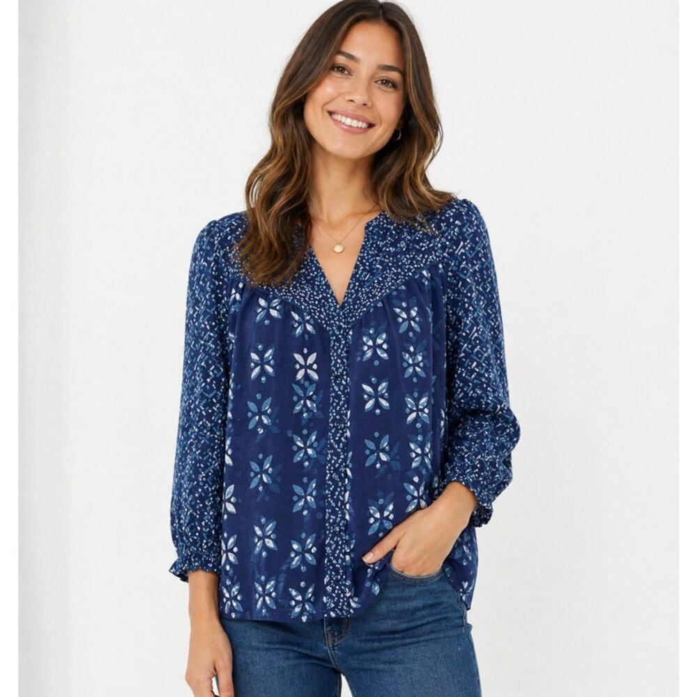 Fat Face Petra Woodblock Patchwork Floral Button Front Blouse Cotton Womens 10